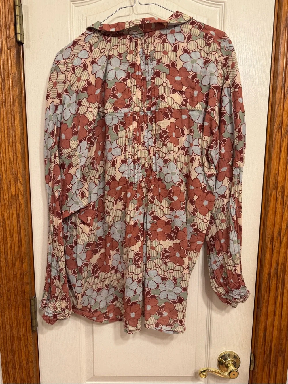 Free People Floral Button-Front Blouse in Rust and Light Blue